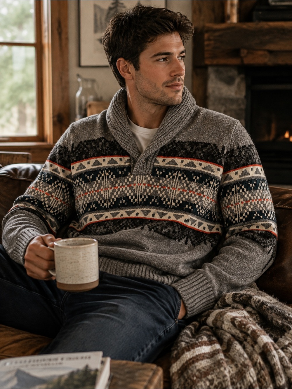 American Eagle Men’s Fair Isle Sweater Gray Nordic Shawl Collar Medium